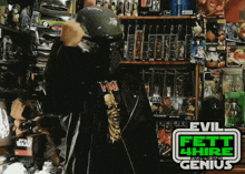 a man wearing a helmet and a shirt that says ' evil fett 4 hire genius ' on it