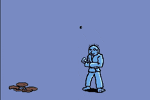 a pixel art drawing of a man and a barrel on a blue background