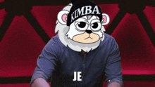 a man in a blue shirt with a cartoon bear on his head and the word christ on the bottom .