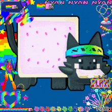 a picture of a nyan nyan cat with a rainbow headband on