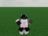 a picture of a person standing in a room with a green grass background