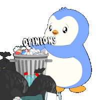 a penguin is throwing garbage into a trash can with the words " opinions " on it
