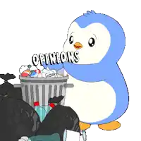 a penguin is throwing garbage into a trash can with the words " opinions " on it