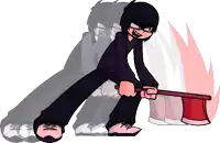 a cartoon character is holding a large axe in his hands