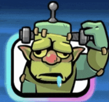 a cartoon drawing of a green monster with a red nose and glasses .