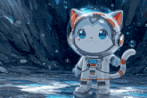 a cat in a space suit is standing in a cave