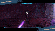 a video game screen shows a purple circle and the words wayward passenger and dimension shredder