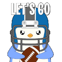 a penguin wearing a football helmet and holding a football with the words let 's go below it