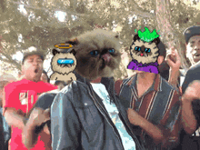 a group of people with a cat with sunglasses on its head