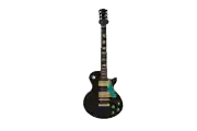 a black electric guitar with green knobs and a blue pickguard