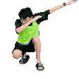 a young man in a green shirt and black shorts is doing a dab .