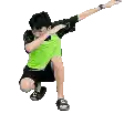 a young man in a green shirt and black shorts is doing a dab .