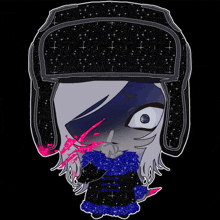 a drawing of a person wearing a black hat and a blue coat