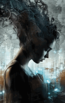 a painting of a woman with her hair blowing in the wind and a city in the background