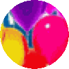 a pixel art illustration of a purple , yellow , and red sphere .