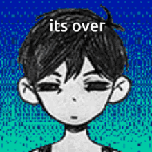 a black and white drawing of a boy with a blue background and the words `` it 's over '' .