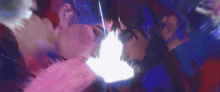 a painting of two people kissing each other with a light coming out of their mouths .