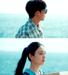 a man in a plaid shirt and a woman in a ponytail are looking out over the ocean
