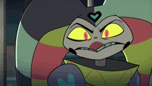 a cartoon character with yellow eyes and a heart on his forehead