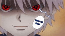a close up of a person with red eyes and a speech bubble on their face .