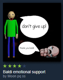 a cartoon of baldi with a speech bubble that says " don 't give up "