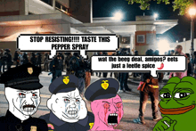 a cartoon of a group of police officers talking about a pepper spray
