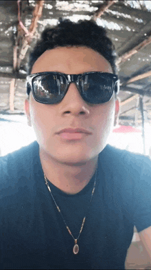 a young man wearing sunglasses and a black shirt