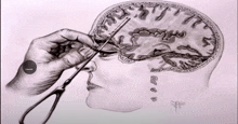 a black and white drawing of a person cutting their brain