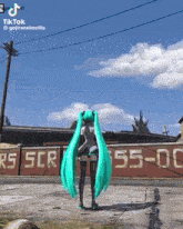 a girl with green hair is standing in front of a wall that says rs scr 55-00