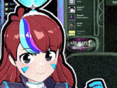 a cartoon girl with purple and blue hair is standing in front of a screen that says +70 maps dlc