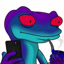 a cartoon of a lizard smoking a pipe while holding a phone