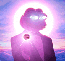 a purple frog in a tuxedo is holding a pink ball
