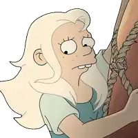 a cartoon drawing of a woman with blonde hair holding a rope