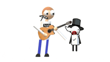 a cartoon of a man playing a guitar next to a cartoon of a man in a top hat