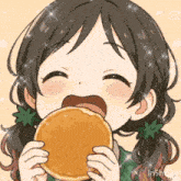 a girl with pigtails is eating a pancake with her mouth open .
