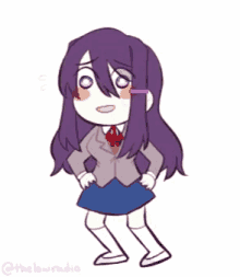 a drawing of a girl with long purple hair and a purple bow tie