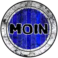 a blue and white circle with the word moin written on it