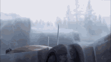 a person is looking through binoculars in a foggy forest