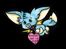 a cartoon drawing of a blue fox with a pink heart that says please sell to connie