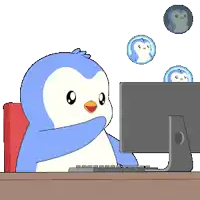 a cartoon penguin is sitting in front of a computer monitor