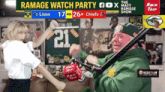 a man and a woman are standing in front of a screen that says ' ramage watch party ' on it