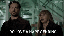 a man and woman are standing next to each other and the woman is saying i do love a happy ending