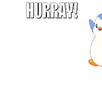 a blue and white penguin with the word hurray written above it