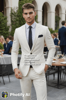 a man in a white suit and tie is standing in front of a table