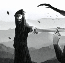 a black and white drawing of a woman holding a sword in the rain