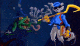 a cartoon of sly cooper fighting a monster