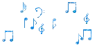 a bunch of blue music notes are floating in the air on a white background