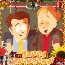 a happy tim thursday greeting card with two men holding wine glasses