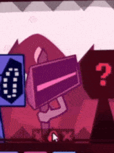 a cartoon character is holding a gun in a video game with a question mark in the corner .