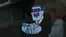 a man in a suit and tie is reading a book with the letter bc on his head